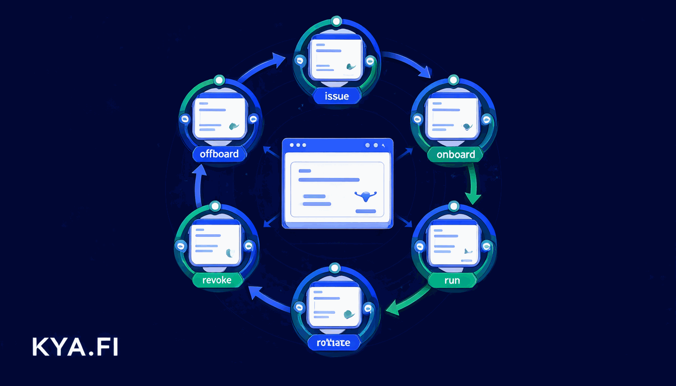 The agent identity lifecycle: a ring of six stages around a credential card.